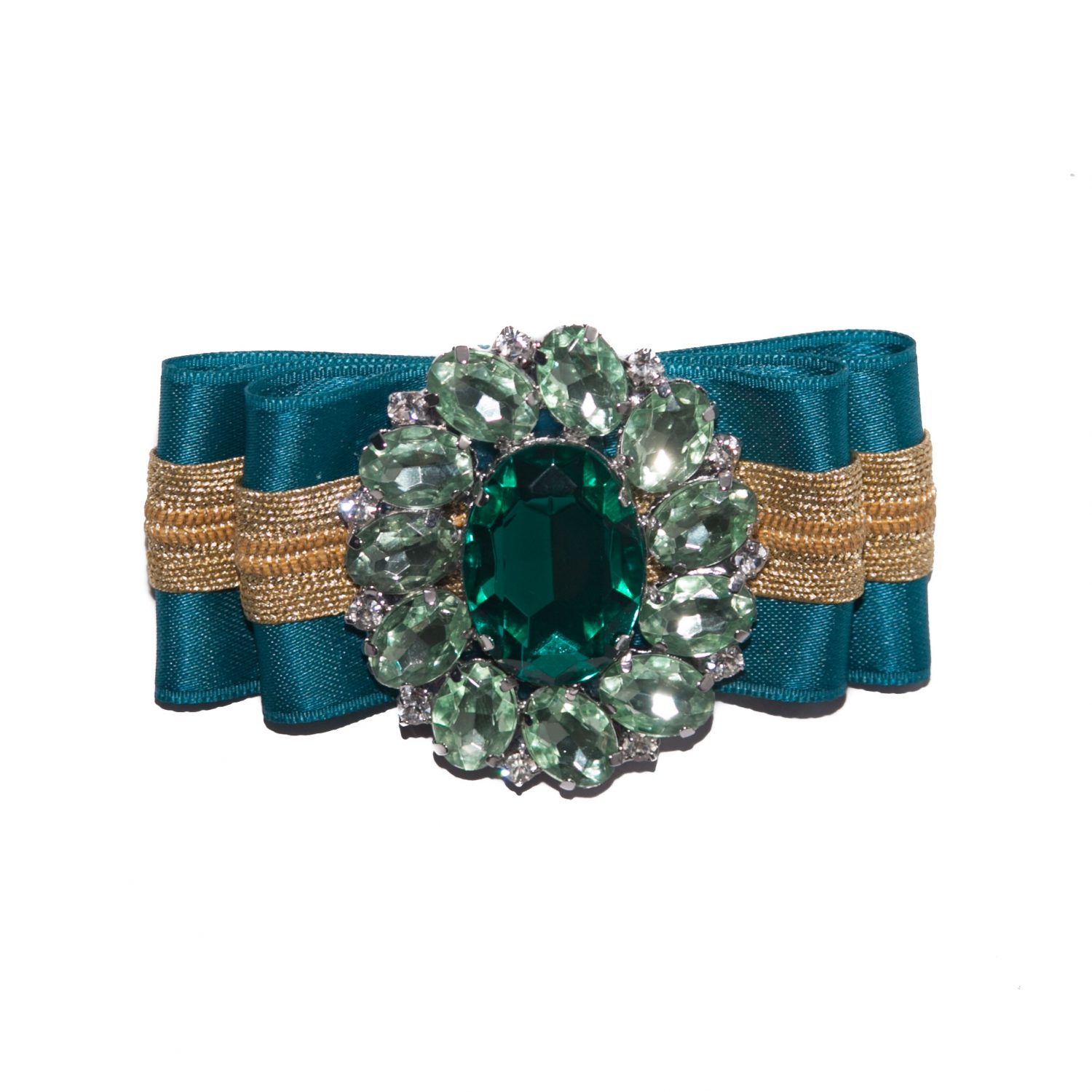 Amazing new trend Strik, Bow, Brooch in Dark Turquoise with gold accent ribbon and extra large Multicolor Green Glass Brooch in center online kopen buy www.axelles.be