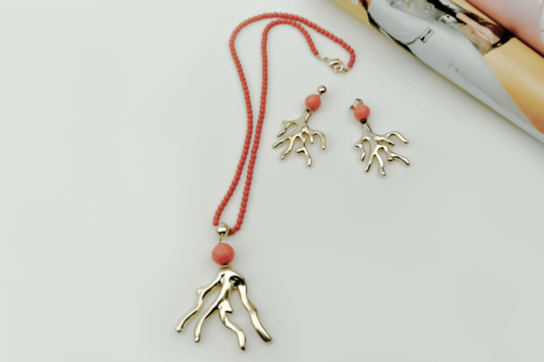 Red beads necklace with gold coral pendant, earrings,set, buy online, kopen, kupit, Axelles Fashion