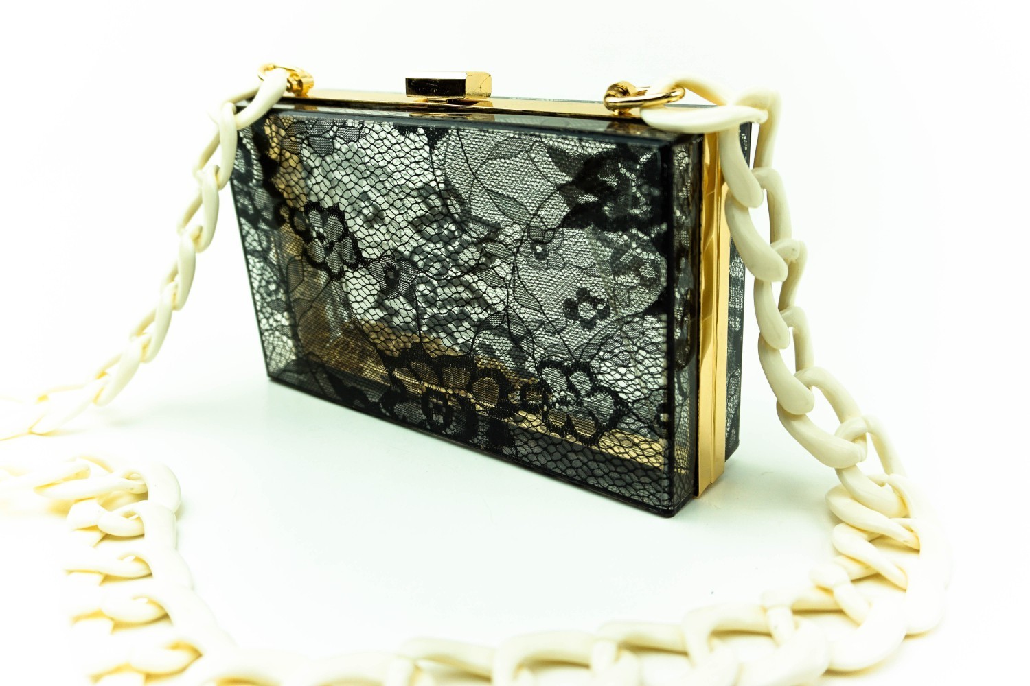Evening handbag, clutch with Lace effect, vintage, acrylic,lucite, plastic,resin, perplex, chain box, featuring bags